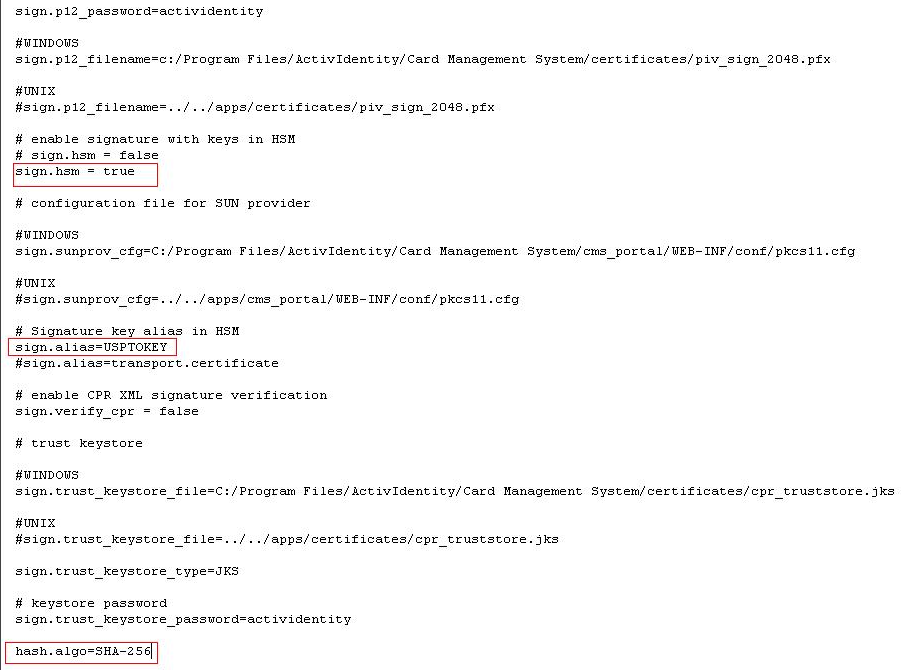 Example of Digital signatory parameters configuration with elements of the default PIV signer configuration outlined in red